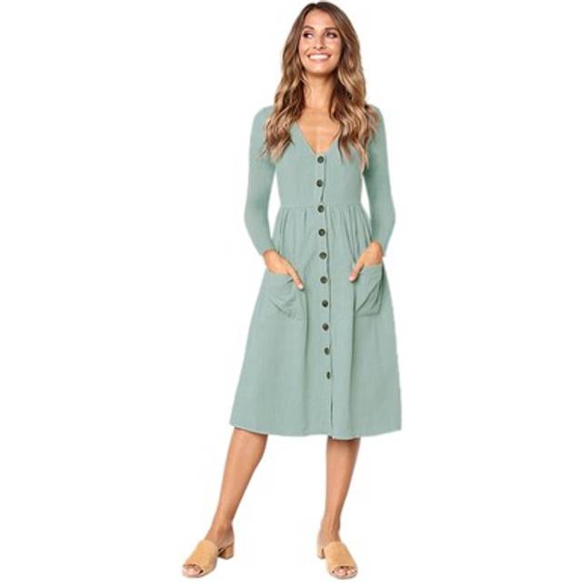 V neck long sleeve button pocket midi dress ladies casual4821