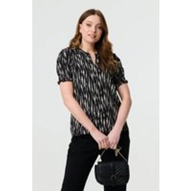 Izabel London Printed Short Puff Sleeve Blouse - Black - 10