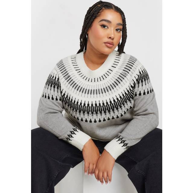 Yours Curve Grey Fairisle Knitted Jumper, Women's Curve & Plus Size, Yours - 22-24