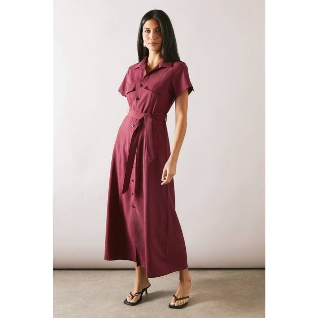 Womens Viscose Linen Pocket Shirt Midaxi Dress - Burgundy - 16