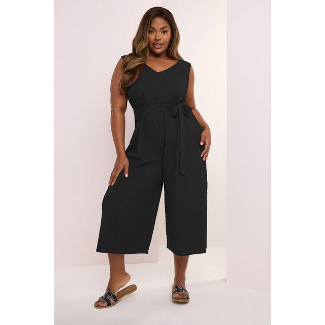 Yours Curve Black Textured Tie Waist Jumpsuit, Women's Curve & Plus Size, Yours - 14