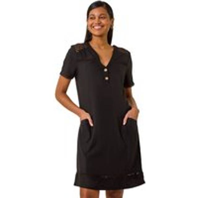 Roman Black Linen Mix Button Shift Dress - Size 18