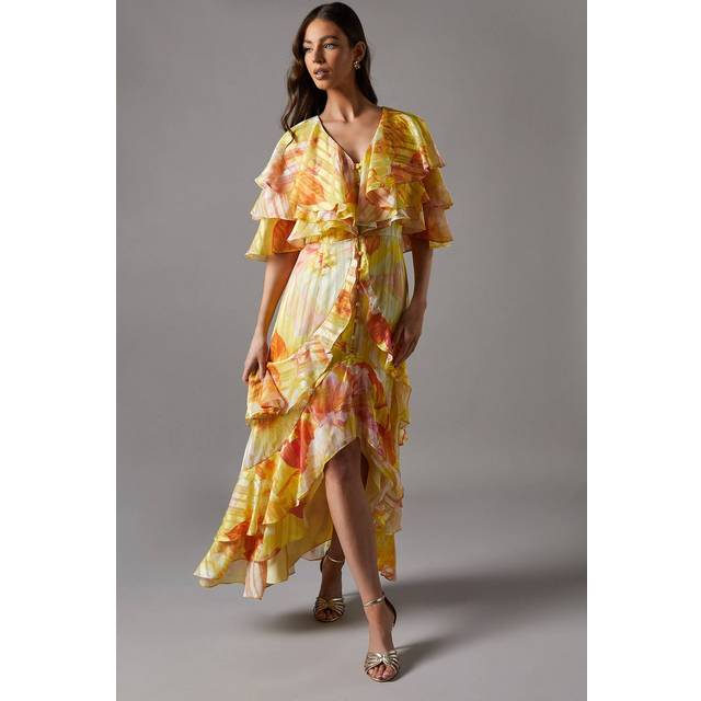 Printed Burnout Ruffle Maxi Dress - Yellow - 10