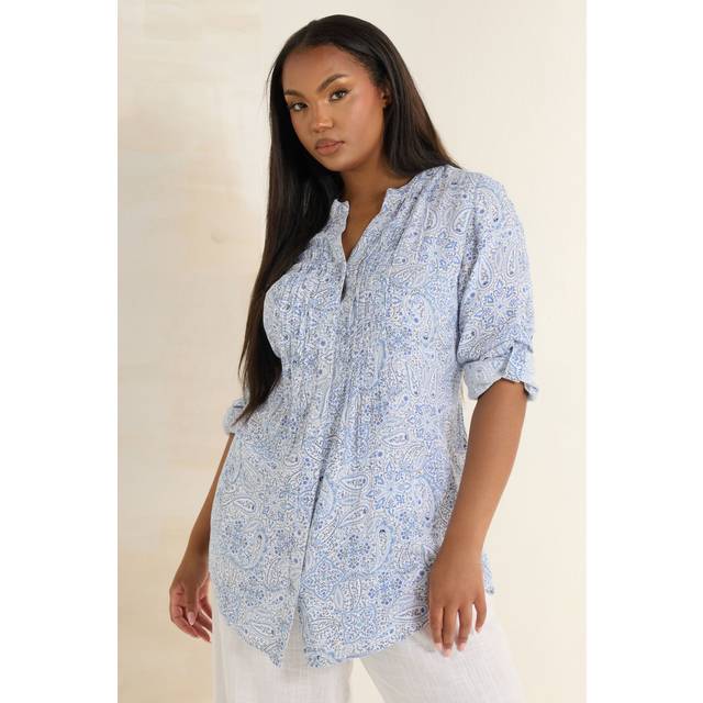 Yours Curve Light Blue Paisley Print Pintuck Blouse, Women's Curve & Plus Size, Yours - 20