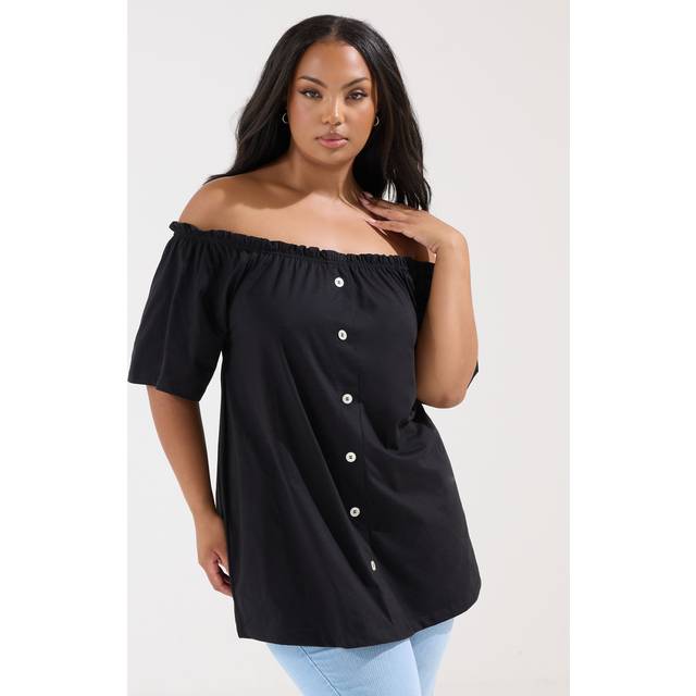 Yours Curve Black Button Front Frill Bardot Top, Women's Curve & Plus Size, Yours - 26-28