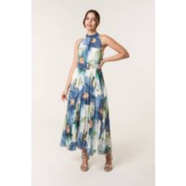Blue Vanilla Navy Flower Print Pleated Swirl Dress - m/l