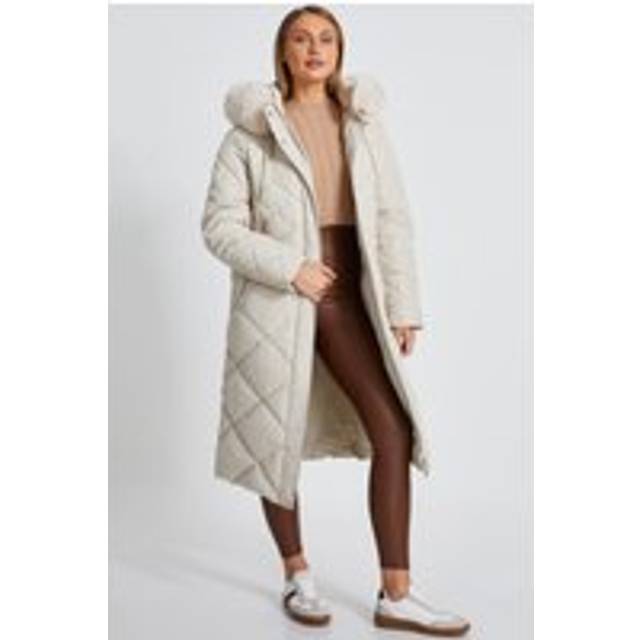 Womens Stone Quilted Long Parka - Beige - 18