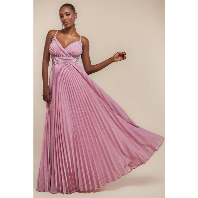 Sleeveless Pleated A Line Lurex Maxi Dress - Pink by Goddiva - 16