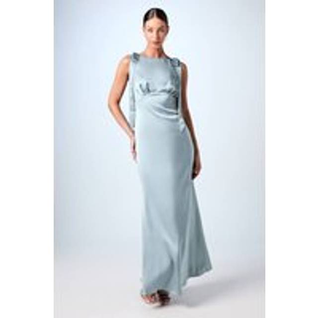 Coast Honoured Sleeveless High Neck Tie Shoulder Satin Maxi Bridesmaid Dress - Dusty Blue - 16