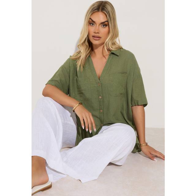 Yours Curve Khaki Green Relaxed Linen Shirt, Women's Curve & Plus Size, Yours - 16