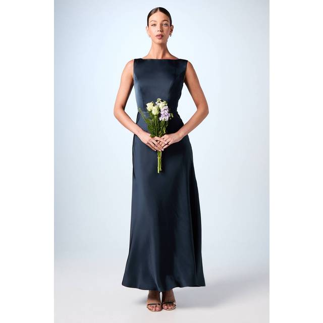Sleeveless Satin Bridesmaid Dress - Navy - 16