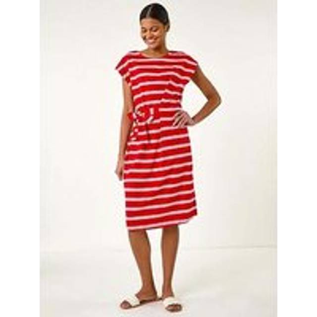 Stripe Tie Side Stretch Midi Dress - Red - 16