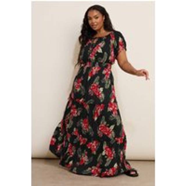 YOURS Curve Black Hibiscus Floral Print Maxi Dress - 14