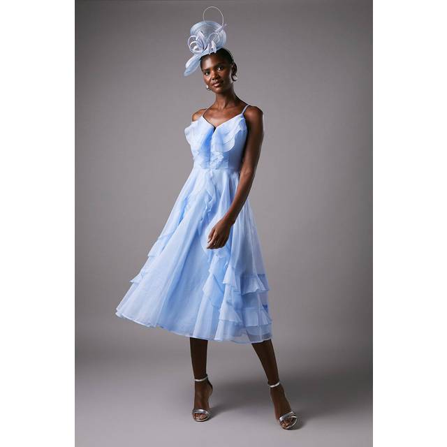 Frill V Neck Midi Wedding Guest Dress - Blue - 14