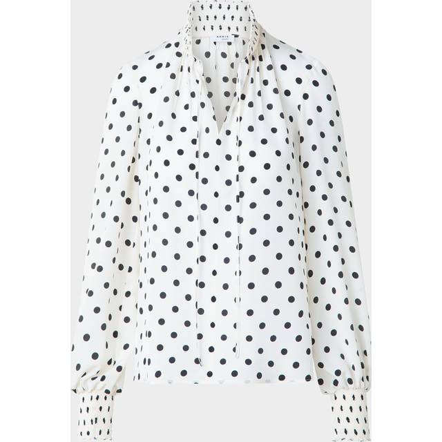 Smocked Polka Dot Silk Crepe De Chine Blouse - CREAM-BLACK - 14