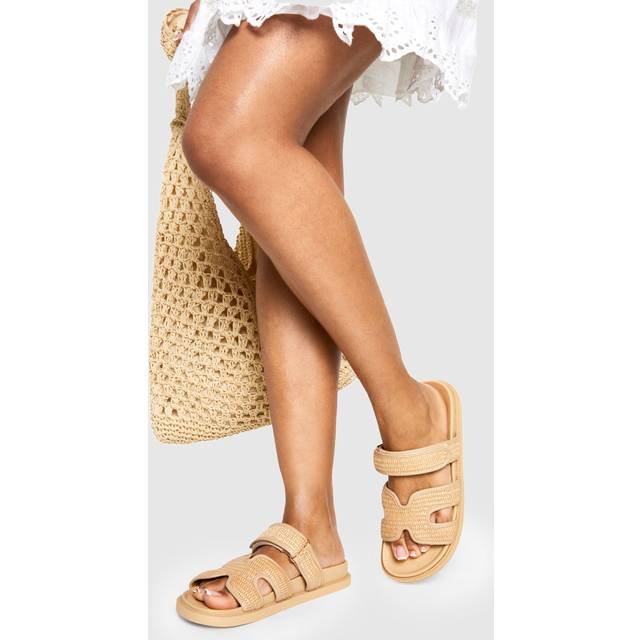 Womens Wide Fit Raffia Cut Out Detail Sliders - Beige - 3, Beige