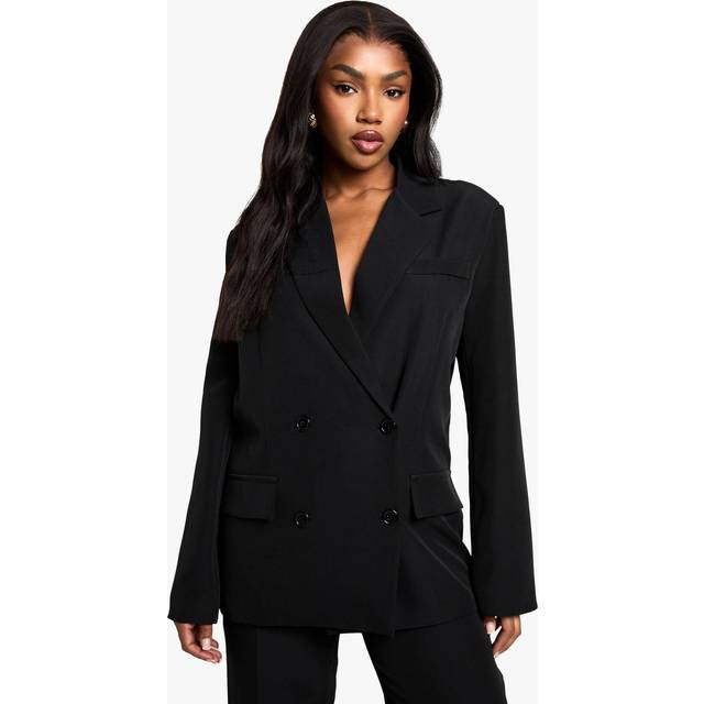 Womens Woven Double Breasted Oversized Blazer - Black - 10