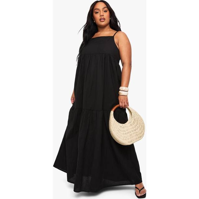 Womens Plus Tiered Linen Look Strappy Maxi Dress - Black - 18, Black