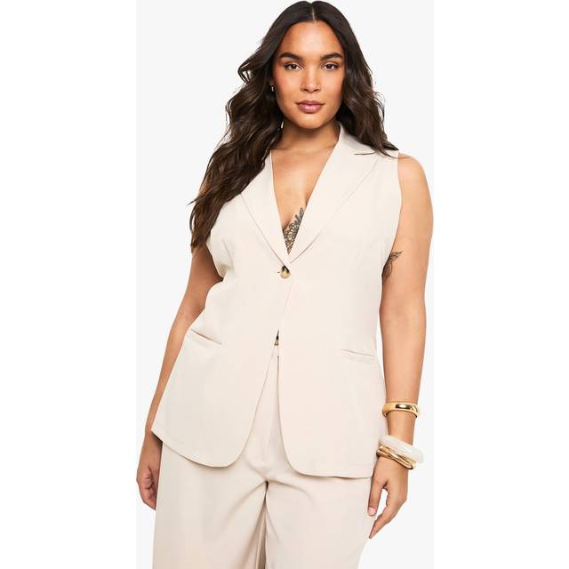 Womens Plus Tailored Longline Sleeveless Blazer - Beige - 20