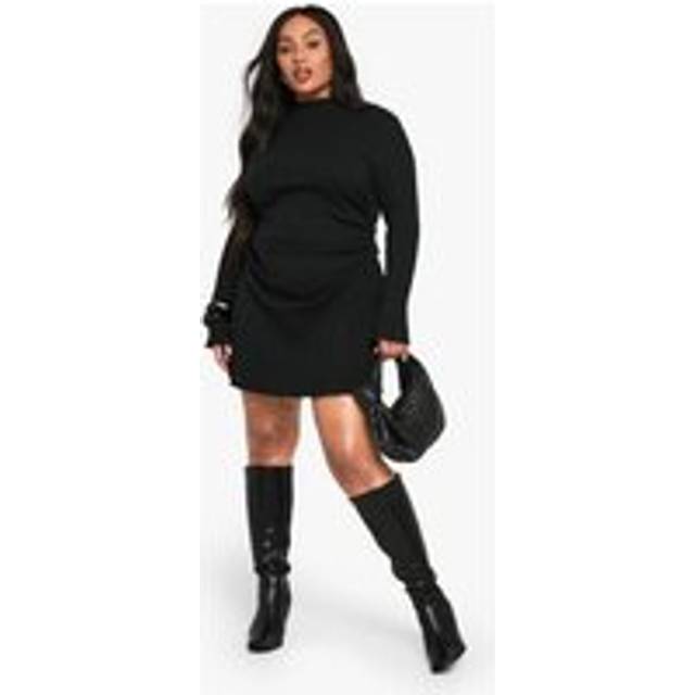 Womens Plus Long Sleeve Ruched Side High Neck Shift Dress - Black - 26, Black