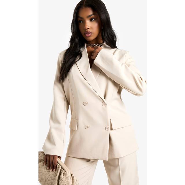 Womens Woven Double Breasted Oversized Blazer - Beige - 16