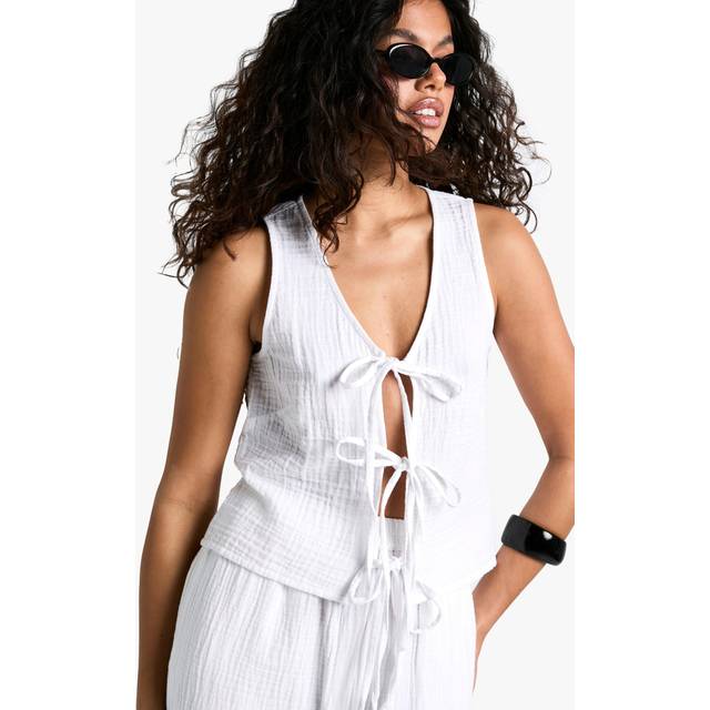 Womens Cheesecloth Tie Front Sleeveless Top - White - 6, White