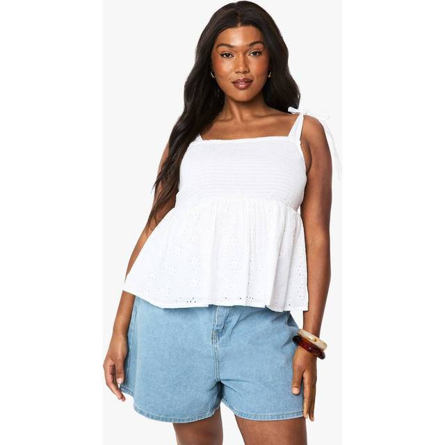 Womens Plus Shirred Broderie Tie Shoulder Smock Top - White - 20, White