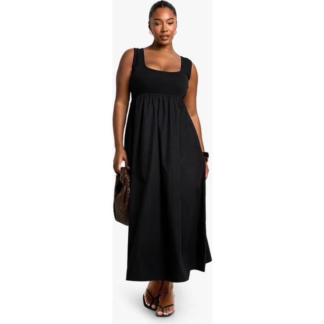 Womens Plus Rib Cotton Poplin Midaxi Smock Dress - Black - 26
