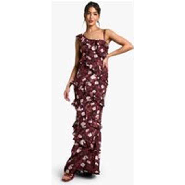 Womens Floral One Shoulder Ruffle Maxi Dress - Red - 10, Red