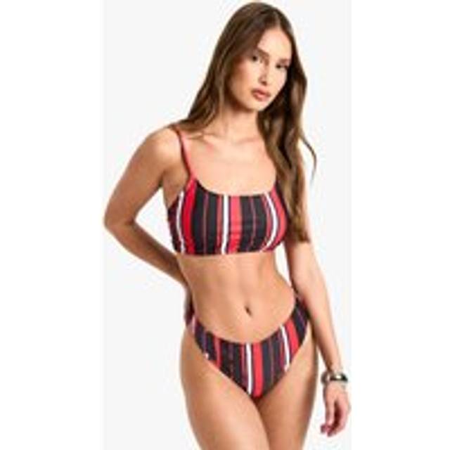 Womens Sports Vertical Stripe Crop Bikini Top & High Leg Bikini Bottoms Set - Black - 10, Black