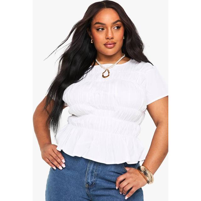 Womens Plus Cotton Shirred Puff Sleeve Blouse - White - 20, White