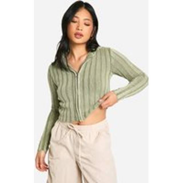 Womens Petite Acid Wash Off The Shoulder Chunky Rib Knit Zip Cardigan - Green - M, Green