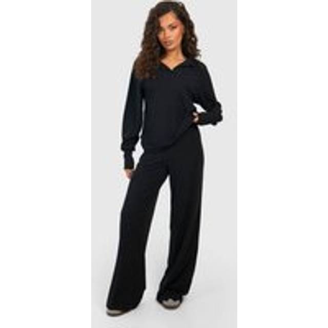 Womens Ribbed Wide Leg Trousers - Black - 8