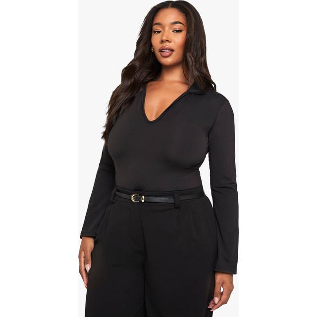 Womens Plus Sculpt Collared Plunge Bodysuit - Black - 18, Black