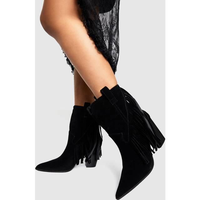 Womens Faux Suede Fringe Tassel Detail Heeled Western Ankle Boots - Black - 4