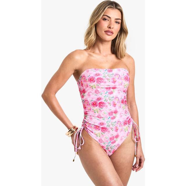Womens Ruched Bandeau Swimsuit - Pink - 8