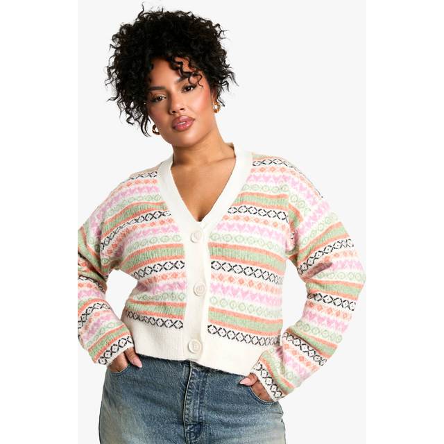Womens Plus Pastel Fairisle Boxy Fit Knitted Cardigan - Multi - 26, Multi