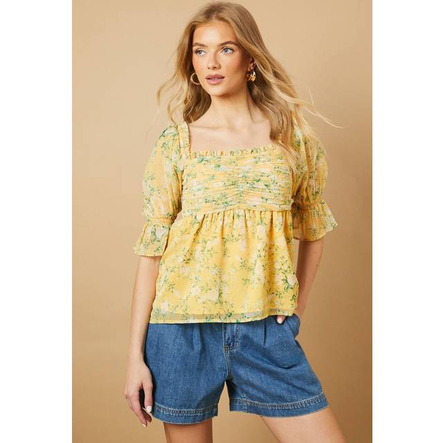 Floral Ruched Bodice Babydoll Blouse - Yellow - 8