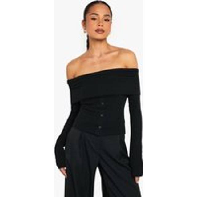 Womens Popper Detail Off The Shoulder Long Sleeve Top - Black - 16, Black