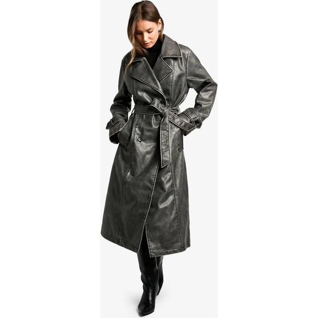 Womens Vintage Look Faux Leather Trench Coat - Black - 14, Black