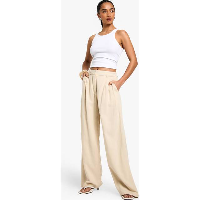 Womens Petite Linen Look Straight Leg Trousers - Ecru - 16