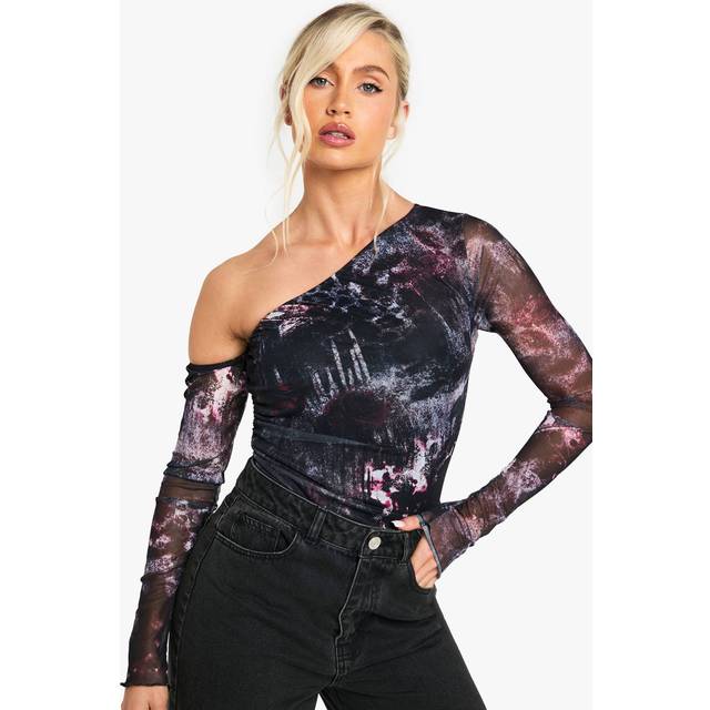 Womens Petite Printed Mesh Asym Shoulder Bodysuit - Purple - 8, Purple