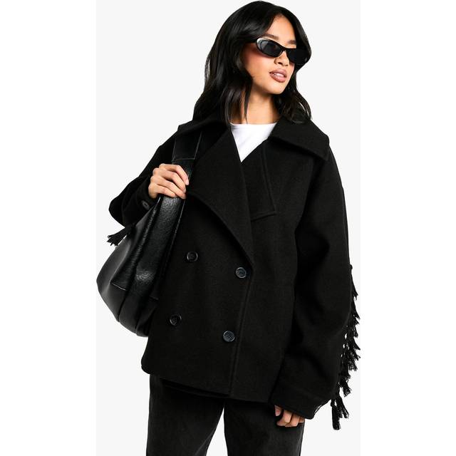 Womens Petite Tassel Detail Wool Look Jacket - Black - 6, Black