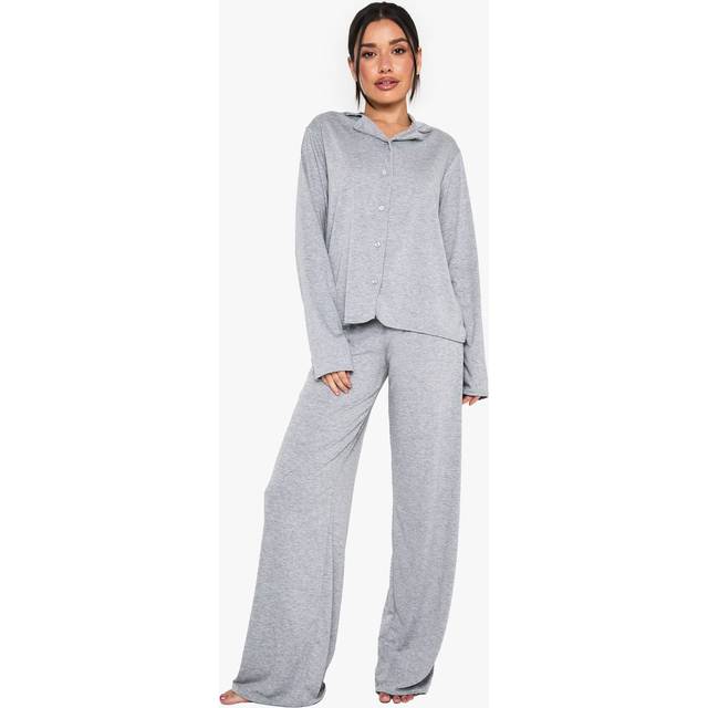 Womens Tall Long Sleeve Shirt & Trousers Pyjama Set - Grey - 14