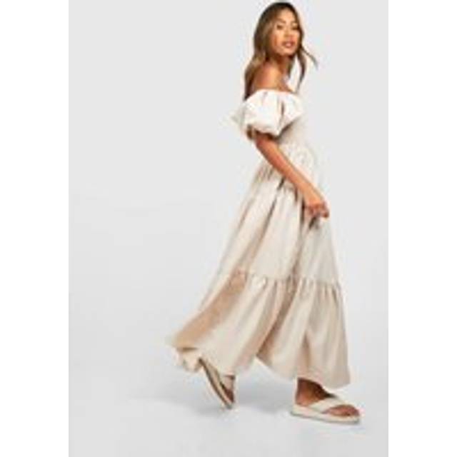 Womens Tiered Shirred Midaxi Smock Dress - Beige - 12