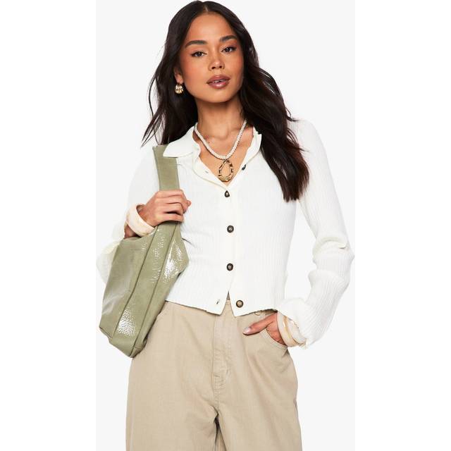 Womens Lightweight Collared Rib Knit Cardigan - White - Xl, White