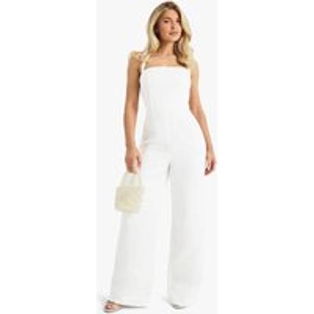 Womens Premium Satin Boned Corset Halterneck Wide Leg Jumpsuit - White - 10