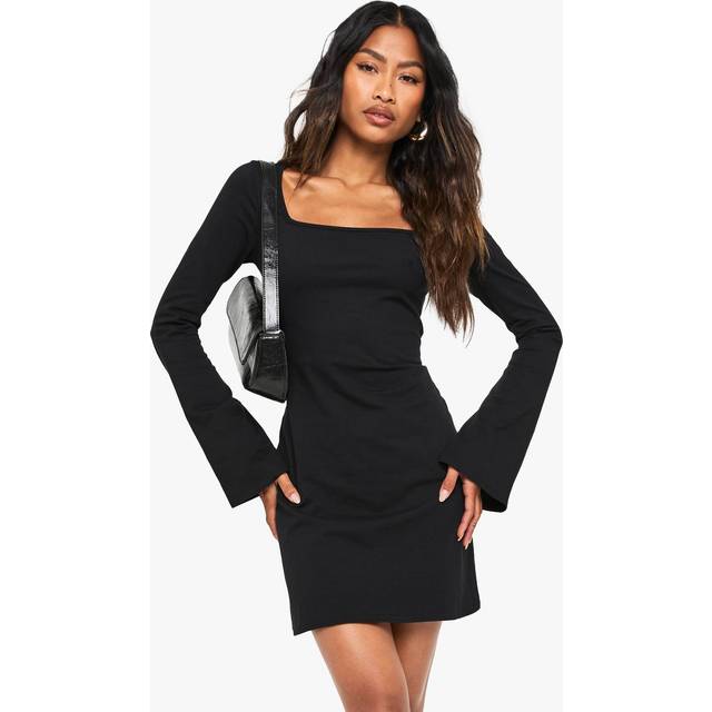 Womens Cotton Square Neck A- Line Mini Dress - Black - 16