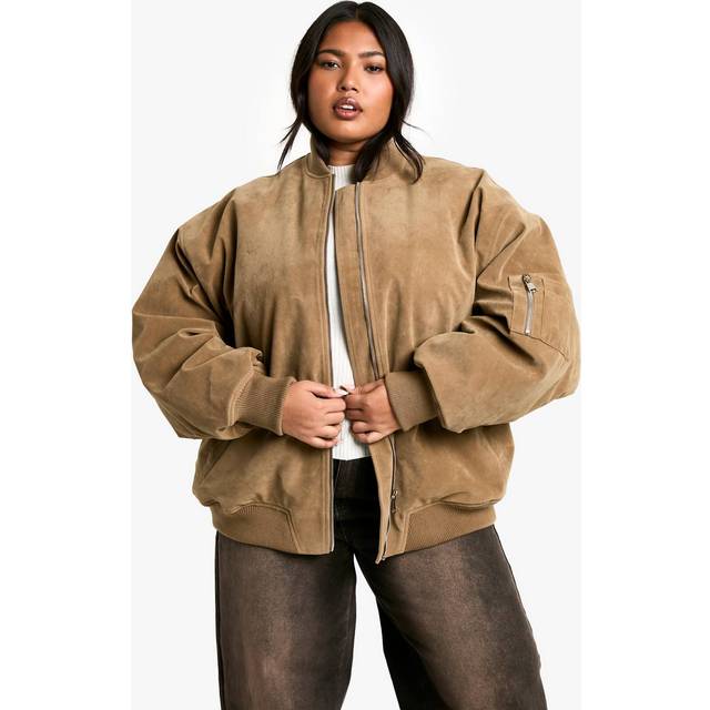 Womens Plus Vintage Suede Look Oversized Bomber Jacket - Beige - 24, Beige