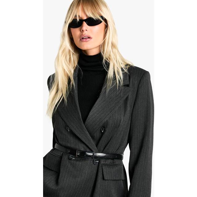 Womens Tailored Woven Pinstripe Double Breast Blazer - Grey - 12